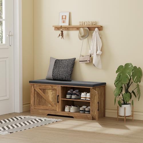 Image of HOMSHO Farmhouse Shoe Storage Bench with 2 Barn Doors & Padded Seat Cushion | 39.4 inch Wide Entryway Bench with Adjustable Shelves & Hidden Storage, Rustic Walnut