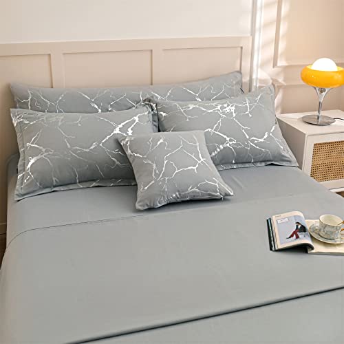 Aimuan Silver Comforter Set Metallic Marble Queen Size 7 Pcs Set Foil Print Glitter Bedding Set Soft Microfiber Filling Quilt For All Seasons Grey/Silver, Queen #TOP4