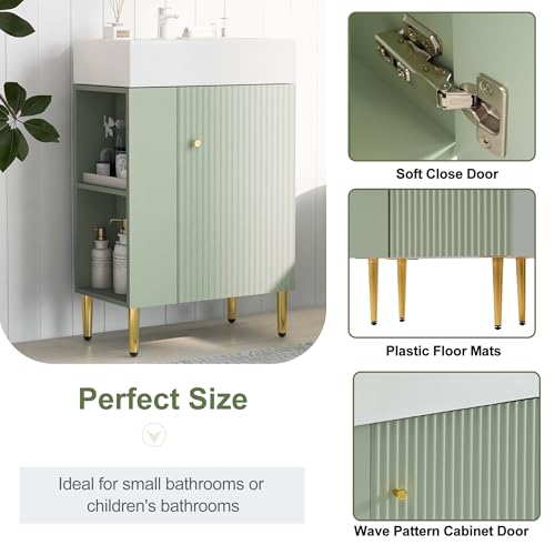LOVMOR 21.6\" Bathroom Vanity with Ceramic Sink Combo and Left Side Storage, Modern Undermount Bathroom Sink Cabinet w/Wave Patterned Soft Close Door, Plastic Foot Pads - Thumbnail 7