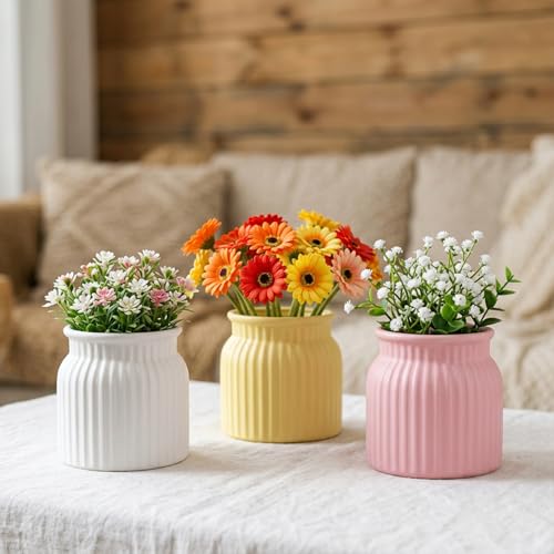 Image of TrustBasket Sereno Flower Vase Set of 3 - White Yellow Pink Plastic Vase for Home Decor, Table Top Vase for Living Room, Flower Vase for Dining Table Decoration, Modern Minimalist Decorative Vases