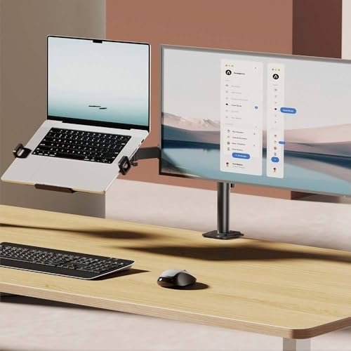 Image of 17 to 32 inch Monitor & Laptop Desk Arm Stand with Holder for 10-17 Inch Laptops, 2-in-1 Clamp and Grommet Base, Adjustable Height, Retractable Clamps with Cable Cutouts, Non-Slip Pads, Safety Ledge