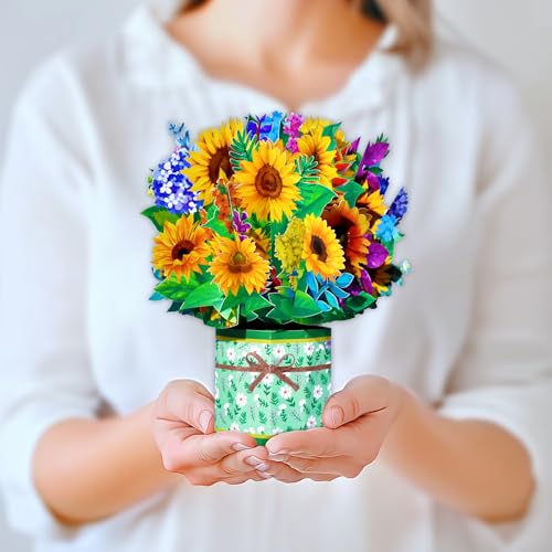 GREETING ART Pop Up Karte Blumen,3D Sonnenblumen Blumenstrauß Pop Up Karte, Geburtstagskarte frau, Gute Besserung Karte, Hochzeitskarte,3D Blumenkarte für Freundin Frau Mama oder Großmutter