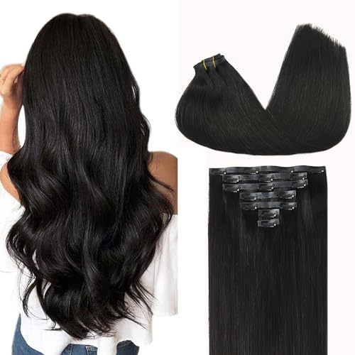 Image of GOO GOO Clip in Hair Extensions Real Human Hair, Remy Human Hair Extensions Clip ins for Women, Natural Human Hair, 18inch 110g 7Pcs, 1B Natural black