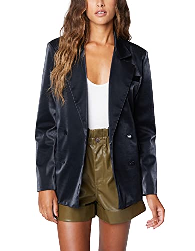 [BLANKNYC] Womens Vegan Leather Double Breasted Blazer, Comfortable Jacket & Stylish Coat, Fighting Words, Medium