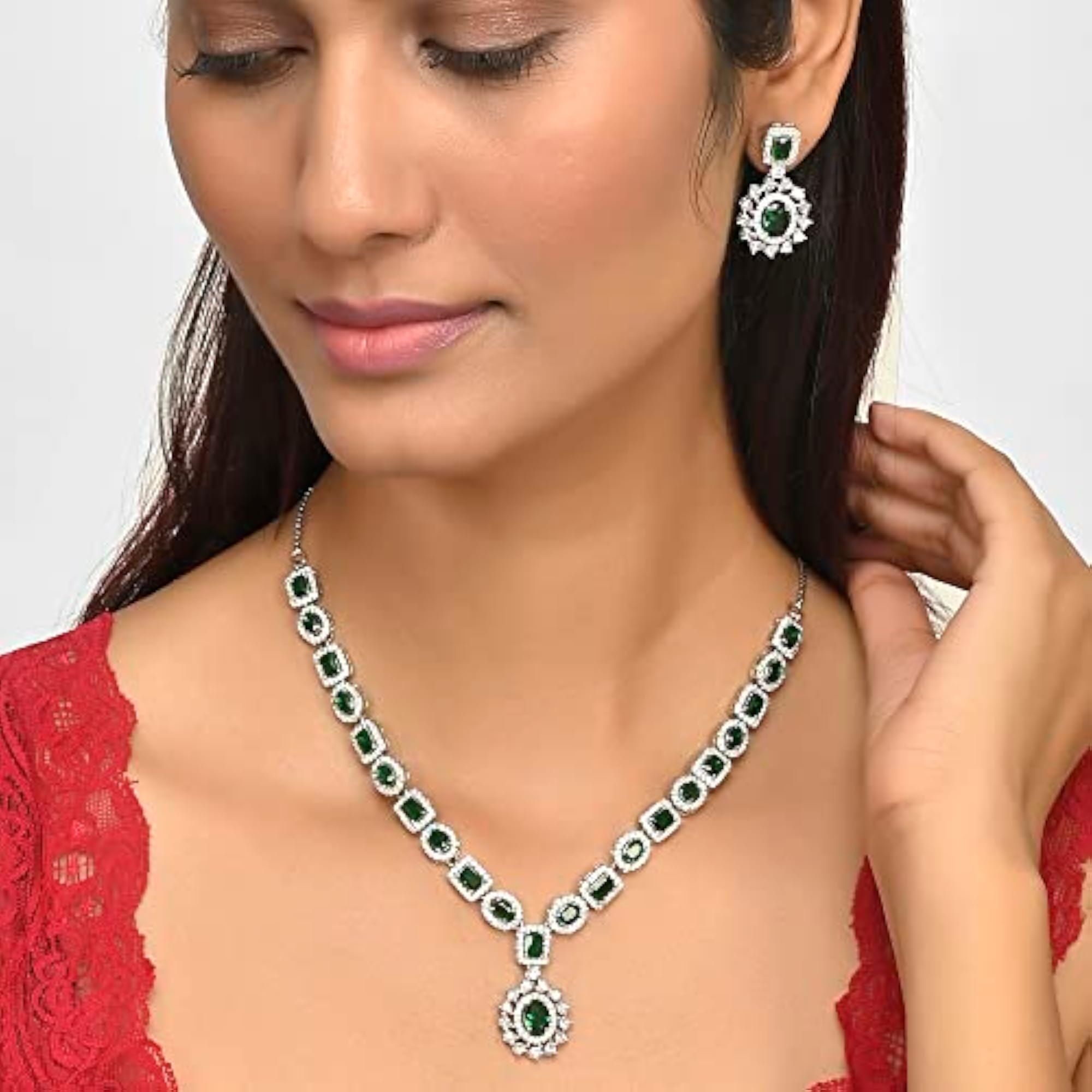 Voylla Green & CZ Brass Plated Jewellery Set