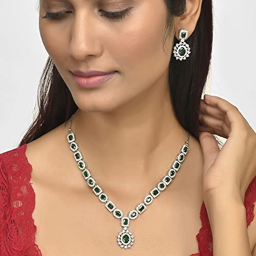 Voylla Green & CZ Brass Plated Jewellery Set