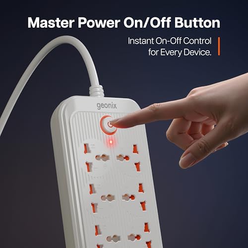 Image of Geonix PowerSpan U8 | Power Strip | Power Extension with 8 Universal Sockets, 2500W Max, 4 USB Ports, 2 C-Type Port, 10 Amps, 3 Mtr Copper Cable, Overload Surge Protection, 250 Volts (White)