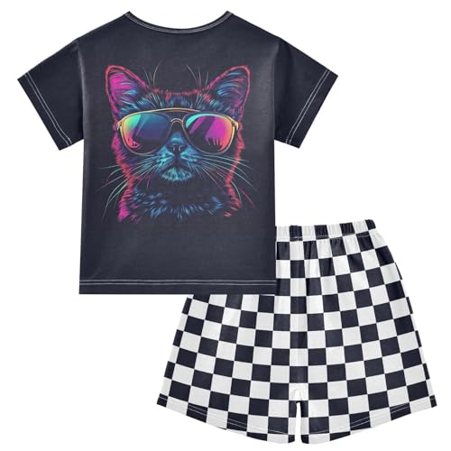 Checkerboard Plaid Cool Cat Sunglass Dark Pajama Set Short Sleeve Nightwear Soft Clothes Set Summer Pajamas Cotton 5Y2