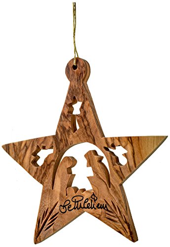 EARTHWOOD FINE WOOD PRODUCTS Olive Wood Star with Nativity and Angels Ornament