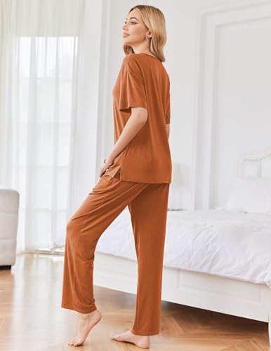 Image of Ekouaer Womens Ribbed Knit Lounge Set Short Sleeve Top and Long Pants Sleepwear Pajama Set Two Piece Matching Outfits Set