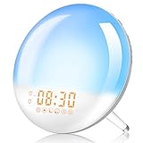 Wake Up Light Despertador Luz, Elfeland LED Despertador Simulación de Amanecer y Anochecer 2 Alarmas Radio FM Función Snooze 20 Niveles de Brillo 7 Colores y Sonidos Despertador con luz para Niño