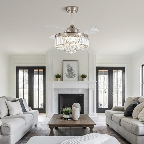 MOOONICHE 36 Inch Crystal Chandelier Fan, Ceiling Fan with Light and Remote Control, Invisible Retractable Fandelier, Dimmable LED Fan Light Kit for Bedroom,Living Room-Nickel by MOOONICHE - Used condition - Image 9
