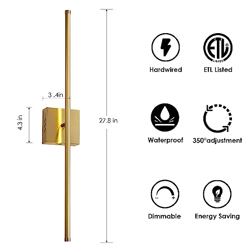 KARTOOSH Modern Wall Sconces Set of Two, Dimmable Hardwired Wall Sconces, 350° Rotate, LED Brushed Brass Wall Light Fixtures, 3000K Warm Light Wall Lamp for Bathroom, Living Room, 27.8 Inch (2 Pack)