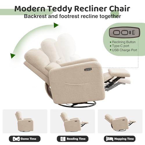 Image of Power Swivel Rocker Recliner, Oversized Electric Boucle Recliner Chair, Swivel Glider Nursery Reclienr with Removable Cushion, Upholstered Recling Chair for Living Room Bedroom, Teddy Apricot