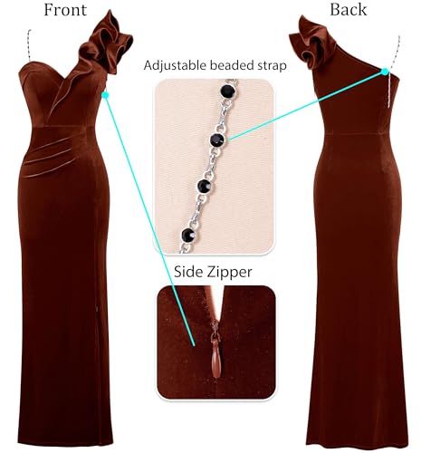 Image of VFSHOW Womens Ruffle One Shoulder Strap Ruched Formal Prom Wedding Maxi Dress V Neck Elegant Split Cocktail Evening Long Gown