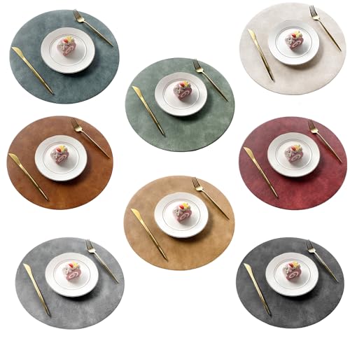 Image of UnivoColors Placemats Round Faux Leather Placemats Set of 8-Waterproof-Wipe Clean-Heat Resistant-Anti Slip Dining Table Place Mats,Suitable for Indoor & Outdoor Use,15 inch.(Retro 8 Colors Combination)