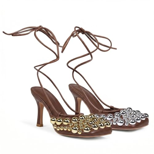 Image of Saint Leia Women's 4IN High Heel Sandals Nude Stiletto Pumps with Gold Silver Pearls Heels for Weddings Parties and Evening Wear