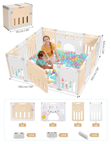 Baby Playpen, Dripex Baby Playard for Babies and Toddlers, 14-Panel Foldable Playpen Adjustable Portable Play Area, Indoor/Outdoor Kids Active Center with Game Panel & Safety Gate, Yellow White