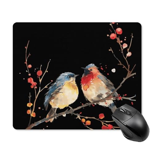 Birds On A Branch Watercolor Cute Mouse Pad Square Mousepad Non-Slip Rubber Base Mouse Mat for Desk