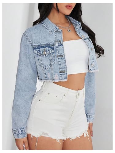 Floerns Women's Y2k Cropped Jean Jacket Long Sleeve Button Up Frayed Denim Jacket4