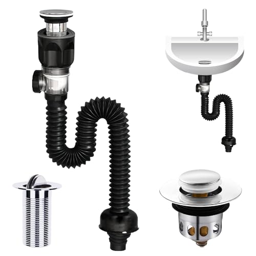 YANGUN Kit di Scarico Lavandino Bagno, Universale Scarico per Lavabo, Sifone Piletta Lavabo Bagno con Flessibile Tubo Scarico Lavandino e Filtro Pop-Up Tappi di Scarico, Allungabile da 295-985 mm,Nero
