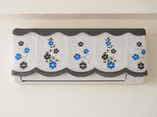 Image of Premium Cotton Net AC Cover for 1.5-2 Ton Split Air Conditioner | Dust Protection AC Indoor Unit Cover for Summer | Embroidered & Printed | Pack of 1 (Grey Flower)