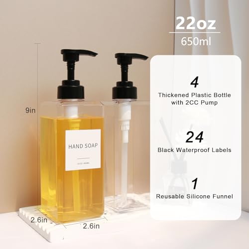 Clear Soap Dispenser with Waterproof Labels, Thickened Plastic Hand Soap Dispenser for Bathroom, Kitchen Dish Washing Liquid Bottles, Shampoo and Conditioner Bottles with Funnel (22oz 4Pack Clear) by Lewistin - Used condition - Image 2