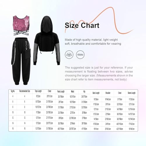 YEAHDOR 3pcs Ensemble Danse Hip-Hop Enfant Fille Crop Top Sweat à Capuche Manches Longues et Débardeur Sport Yoga et Pantalon Cargo Tenue Danse Jazz Streetwear Argent et Noir 11-12 ans – vue 3