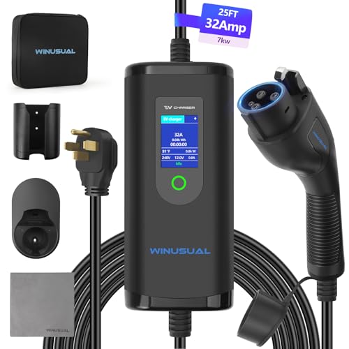 Portable Level 2 EV Charger, 6-32A, 220-240V, NEMA 14-50P, 25FT, Electric Car J1772 Charger for Home and Travel, Reliable and Durable EV Charging Cable