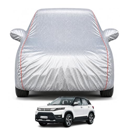 Image of Premium Car Cover for Maruti Suzuki Brezza Facelift Model | Waterproof, UV & Dust Protection | Mirror & Antenna Pocket | Triple Stitched, Soft Inner Lining, Belt & Buckle (Metalic Silver)