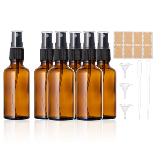 Kiperline Flacon Spray Vide Verre 50ml, Lot de 6 flacons pulvérisateurs vides bouteilles en verre marron Kit avec entonnoir, pipettes et étiquettes pour...