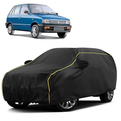 Image of Sulfar 100% Water Resistant Car Body Cover Compatible with Mirror for Maruti Suzuki 800 (Triple Stitched, Full Bottom Elastic, Black Taffeta with Yellow Piping)