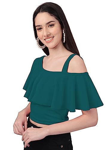 Image of Mehrang Women's Casual Solid Flared Crop Top Round Neck Stretchable Blend for Women /Top for Girls