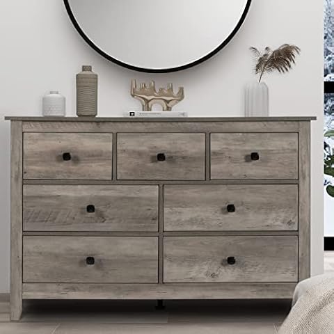 Vikiullf 7 Drawer Dresser - Wooden Bedroom Dresser, Gray Storage Drawers Cabinet for Bedroom, Living Room, Farmhouse Dresser Organizer, Rust Chest of Drawers Cover
