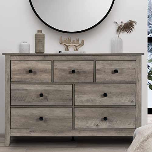 Image of Vikiullf 7 Drawer Dresser - Wooden Bedroom Dressers, Grey Storage Drawers Cabinet for Bedroom, Living Room, Farmhouse Dresser Organizer, Rust Chest of Drawers
