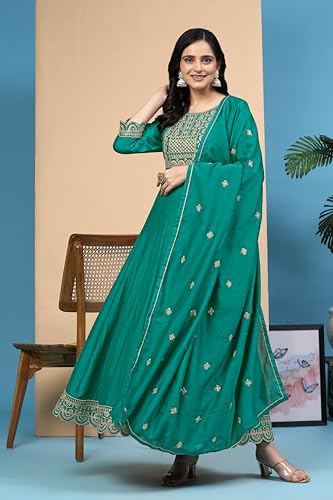 Image of TRENDMALLS Women's Art Silk Embroidery Salwar Suit Set A line Pleated Kurta Pant with Dupatta