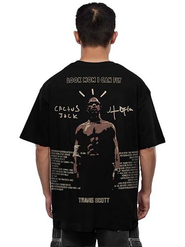 Image of Darkbuck Oversized T-Shirt for Men and Women Drop Shoulder Loose Baggy Fit Unisex Cotton Black Tshirt Rapper Travis Scott