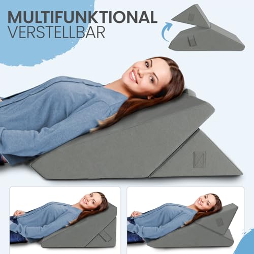 ELONEO Multifunktionales Keilkissen, Rückenkissen, Kniestütze, Beinstütze, Venenkissen für Couch und Sofa, Lesekissen, Größe W55 x H56 x L30. 5 cm, Grau