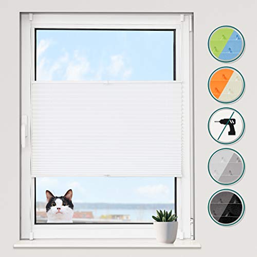 Grandekor Plissee Klemmfix Plisseerollo ohne Bohren (35x100cm Weiß), Fensterrollo Faltrollo Easyfix lichtdurchlässig Sicht- & Sonnenschutz für Fenster & Tür