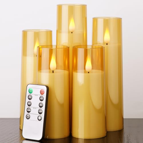 Image of Amagic Flickering Flameless Candles, Battery Operated Candles, Amber Gold Acrylic LED Pillar Candles with Remote and Timer, 3D Wick, Yellow and Blue Glow, D2.2 xH5 5 inch 6 inch 7 inch 8 inch, Set of 5