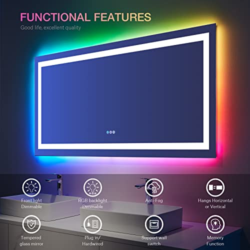 Loaao 72"X36" Inch Rgb Led Bathroom Mirror With Lights, Large, Anti-Fog, Dimmable Smart Lighted Bathroom Vanity Mirror, Multiple Light Modes, Rgb Backlit + Front Light, Memory Function, Tempered Glass #TOP6