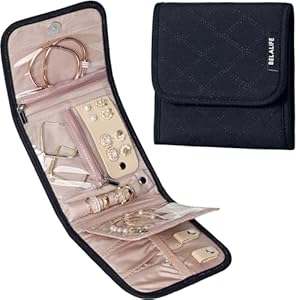 BELALIFE Travel Jewelry Case Organizer, Small Foldable Storage Roll for Earrings, Necklaces, Rings, Bracelets, Brooches, Black