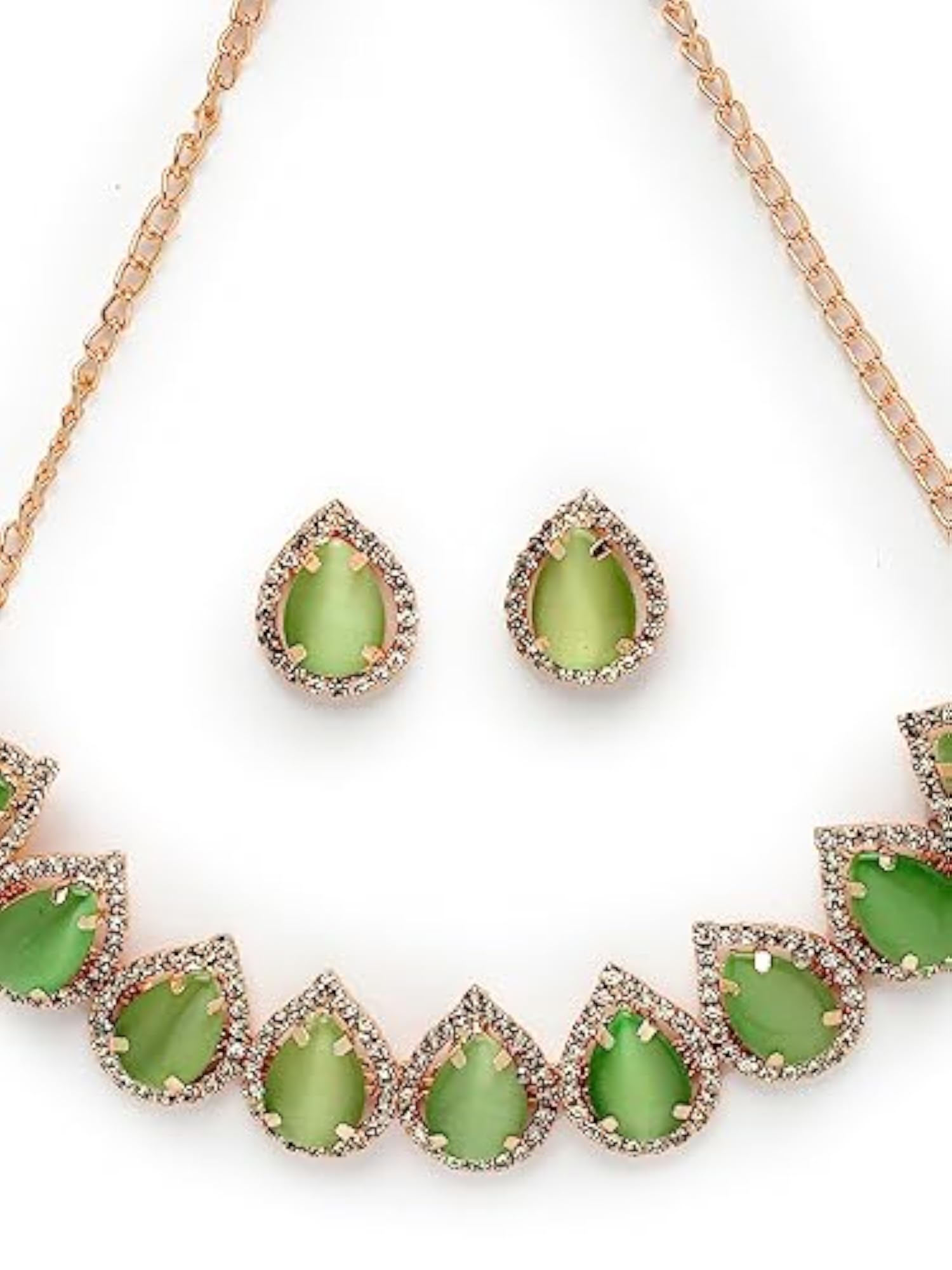 Gold-Plated AD Green Collar Necklace Set With Earrings