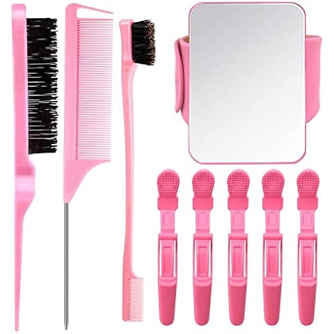 9 Pcs Hair Braiding Tools Set Include 1 Magnetic Pin Wristbandand Wrist Sewing Pincushion 1 Edge Brush 1 Nylon Teasing Brush 1 Rat Tail Comb Parting Comb with 5 Hair Clips for Women Girls (Pink-2) Cover