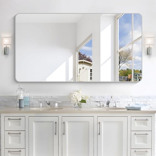 Image of 55x30 Inch Silver Bathroom Mirror, Large Rectangular Vanity Mirror, Metal Framed Rectangle Mirrors, Rounded Corner Wall Mounted Mirrors for Living Room Bedroom Entryway Horizontal or Vertical