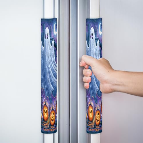 Image of Halloween Refrigerator Door Handle Covers Set of 2 Fridge Door Handle Decor | Ghosts Pumpkins Washable Dishwasher Mocrowave Oven Protector Handle Cover Keep Your Kitchen Appliance Clean