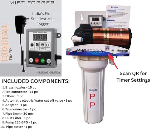 Image of Homenote DIY Automatic Mist Maker Fogger Kit for Dairy Farm & Home | Cooling Fogar Misting System Kit for Garden, Home, Poultry Farm | CUT THE PIPE YOURSELF | 150 GPD Pump, 15 Nozzles & 30m Pipe