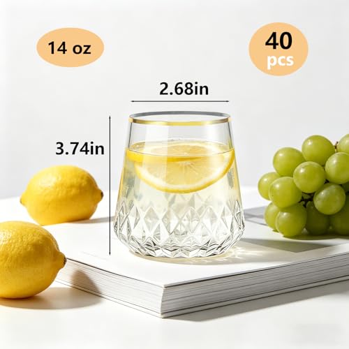 Image of Lueumxc 40 Pack Plastic Wine Glasses, 14Oz Gold Rim Disposable Wine Glasses Unbreakable Rhombus Plastic Cocktail Glasses Recyclable Shatterproof Reusable Wine Cups