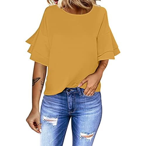 luvamia Women's Casual 3/4 Tiered Bell Sleeve Crewneck Loose Tops Blouses Shirt X-Large A1 Golden Apricot