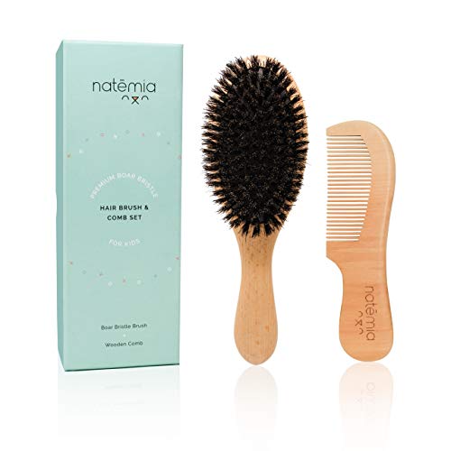 Natemia Boar Bristle Wooden Hair Brush and Comb Set for Women,Men and Kids